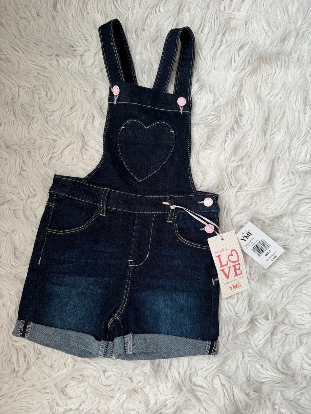 : NWT YMI Girls Size 5 Denim Heart Pocket Shortalls